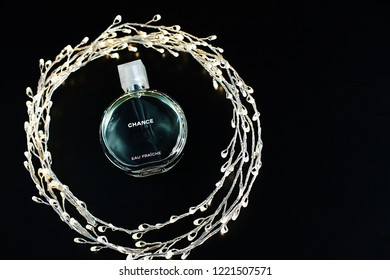 Novosibirsk, Russia- November 05, 2018 : Chanel Perfume In The Style Of Magazine Shooting With  A String Of Pearls And A Book                               