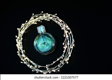 Novosibirsk, Russia- November 05, 2018 : Chanel Perfume In The Style Of Magazine Shooting With  A String Of Pearls And A Book                               