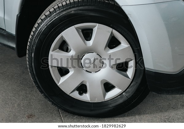Novosibirsk, Russia – October 08, 2020: Mitsubishi\
ASX, Car wheel with alloy wheel and new rubber on a car closeup.\
Wheel tuning\
disc\
