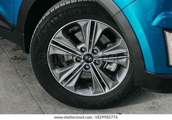 Novosibirsk, Russia – October 08, 2020: Hyundai\
Creta,  Car wheel with alloy wheel and new rubber on a car closeup.\
Wheel tuning\
disc\
