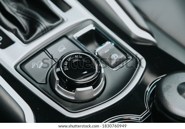 Novosibirsk, Russia\
– October 08, 2020: Mitsubishi Pajero Sport, close-up of the\
central control panel, monitor with music and radio , adjustment of\
the blower, air conditioner, player.\
