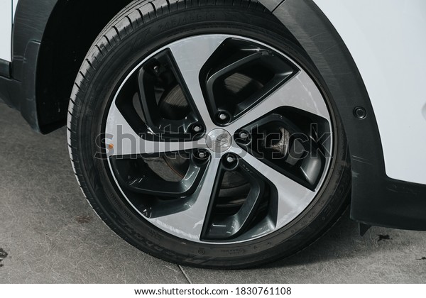 Novosibirsk, Russia – October 08, 2020: Hyundai\
Tucson, Car wheel with alloy wheel and new rubber on a car closeup.\
Wheel tuning\
disc\
