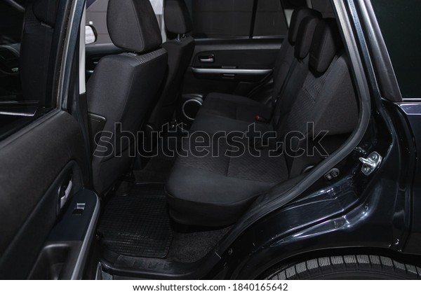 Novosibirsk, Russia – October 16, 2020: Suzuki\
Grand Vitara , Rear seat for passengers in black textile. Comfort\
car inside.\
