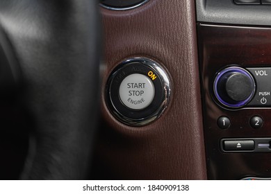 Novosibirsk, Russia – October 22, 2020: Infiniti EX37, Car Engine Push Start Stop Button Ignition Remote Starter.