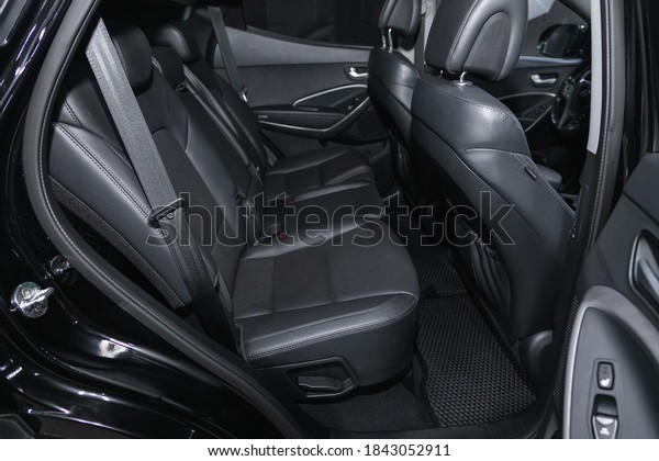 Novosibirsk, Russia – October 22, 2020: \
Hyundai Santa fe, Rear seat for passengers in black leather.\
Comfort car\
inside.\
