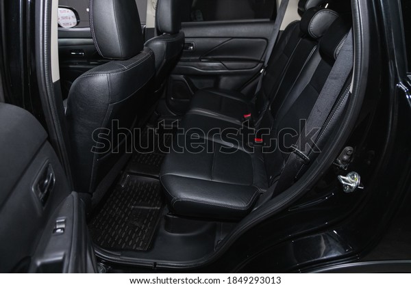 Novosibirsk, Russia – October 23, 2020:\
Mitsubishi Outlander, Rear seat for passengers in black textile.\
Comfort car\
inside.\
