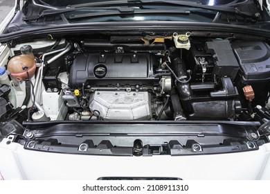 Novosibirsk, Russia - October 30, 2021:  Peugeot 308  ,  Close Up Detail Of New Car Engine
