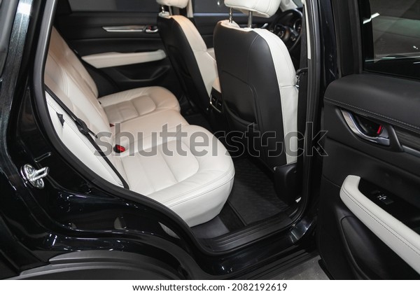 Novosibirsk, Russia\
- October 30, 2021: Mazda CX-5, Rear seat for passengers in white\
leather. Comfort car\
inside.\
