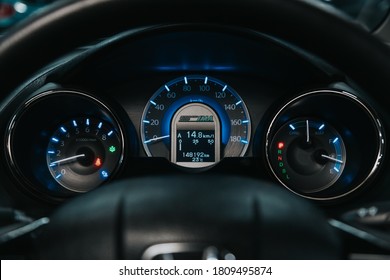 Novosibirsk, Russia – September 05, 2020  Honda Fit Shuttle,  new car interior details. Speedometer, tachometer and steering wheel