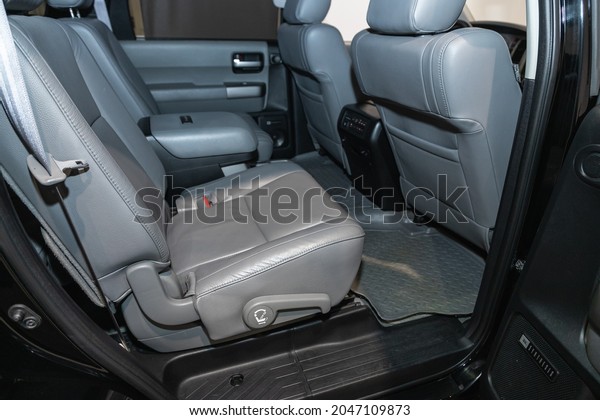Novosibirsk, Russia - September  12, 2021:\
Toyota Sequoia , Rear seat for passengers in gray leather. Comfort\
car inside.\
