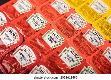 Novosibirsk, Russia - September 2, 2021 - A Set Of Different Heinz Sauces In The Package. Close-up. American Food Company, Renowned Ketchup Manufacturer