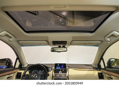 Novosibirsk, Russia - September 24 2021: Lexus NX200 ,  Car Interior. Rear View Of The Windshield, Hatch And Dashboard