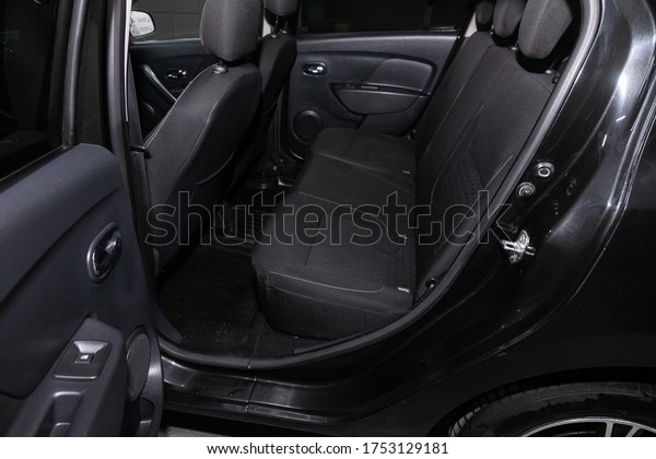 Novosibirsk/ Russia\
– Yune 03 2020: Renault Logan, Rear seat for passengers in black\
textile. Comfort car\
inside.\
