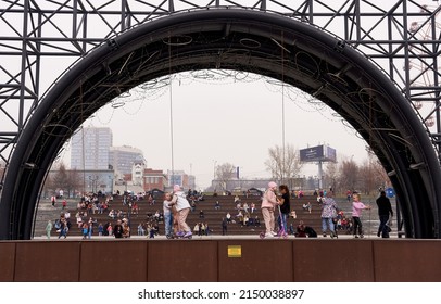 Novosibirsk, Siberia, Russia - April 19, 2022. Children Play On Stage In A Public Place. City Weekend, Recreation Park - Mikhailovskaya Embankment.