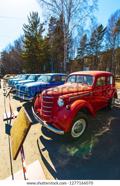 Novosibirsk, Western Siberia,\
Russia-April 15, 2018: Exhibit of the Novosibirsk Museum of railway\
equipment-Soviet car of the first group of small class Moskvich\
401