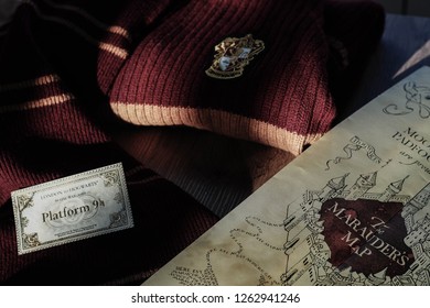 Novosibirsk,Russia- December 20,2018: Hogwarts Map, Ticket For Hogwarts Express. Harry Potter Magic Things.