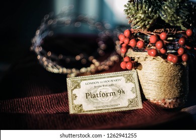 Novosibirsk,Russia- December 20,2018: Hogwarts Map, Ticket For Hogwarts Express. Harry Potter Magic Things.