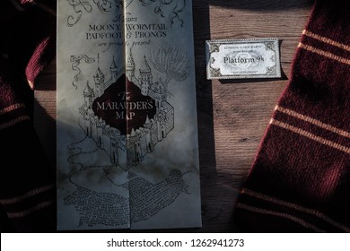 Novosibirsk,Russia- December 20,2018: Hogwarts Map, Ticket For Hogwarts Express. Harry Potter Magic Things.