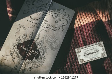 Novosibirsk,Russia- December 20,2018: Hogwarts Map, Ticket For Hogwarts Express. Harry Potter Magic Things.