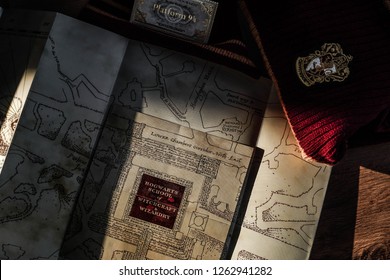 Novosibirsk,Russia- December 20,2018: Hogwarts Map, Ticket For Hogwarts Express. Harry Potter Magic Things.