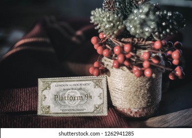 Novosibirsk,Russia- December 20,2018: Hogwarts Map, Ticket For Hogwarts Express. Harry Potter Magic Things.