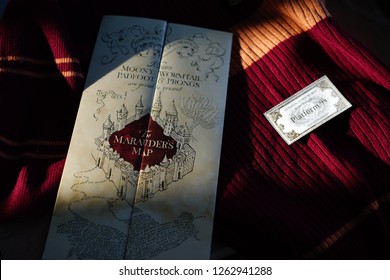 Novosibirsk,Russia- December 20,2018: Hogwarts Map, Ticket For Hogwarts Express. Harry Potter Magic Things.