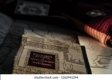 Novosibirsk,Russia- December 20,2018: Hogwarts Map, Ticket For Hogwarts Express. Harry Potter Magic Things.