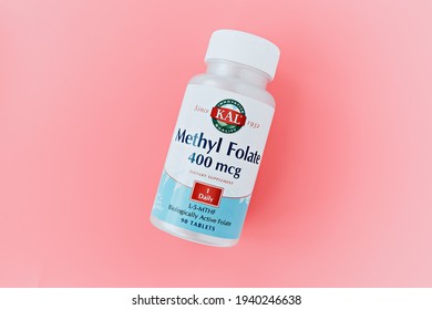 Novosibirsk,Russia - February,24 - 2021: Close-up Of Methyl Folate Tablets In The Jar. Dietary Concept. Dietary Supplement