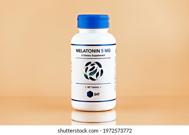 Novosibirsk,Russia - May, 11- 2021: Melatonin Tablets In The Jar. Dietary Supplement Editorial Photo