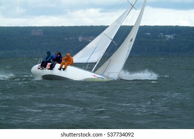 NOVOSIBIRSK,RUSSIA-JULY12:Sailing Regatta, Inter-regional Competition To Support Children's Sailing Siberiariver-2015, Sinking Yacht, July12, 2015 In Novosibirsk, Russia