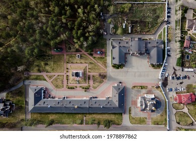 Novouspensky Monastery In Siberia. Drone Flight Map, Top View Of The Building Forest