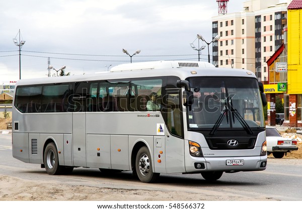 NOVYY URENGOY,\
RUSSIA - AUGUST 17, 2012: Intercity coach bus Hyundai Universe\
Space Luxury in the city\
street.