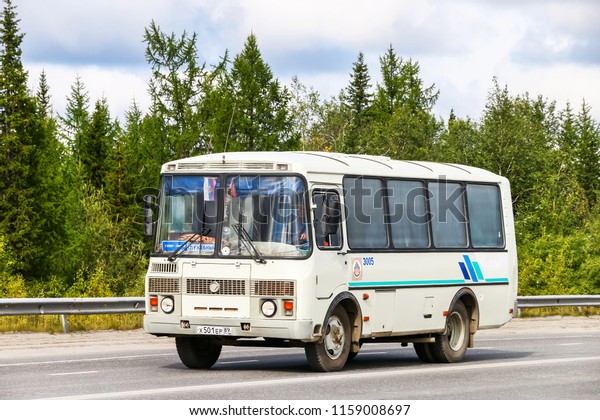 Novyy Urengoy, Russia - August 18, 2018:\
White suburban bus PAZ 3205 in the city\
street.