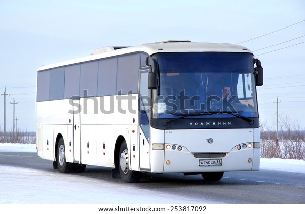 NOVYY URENGOY, RUSSIA - FEBRUARY 14,\
2015: White coach Volzhanin 5285 at the interurban\
road.