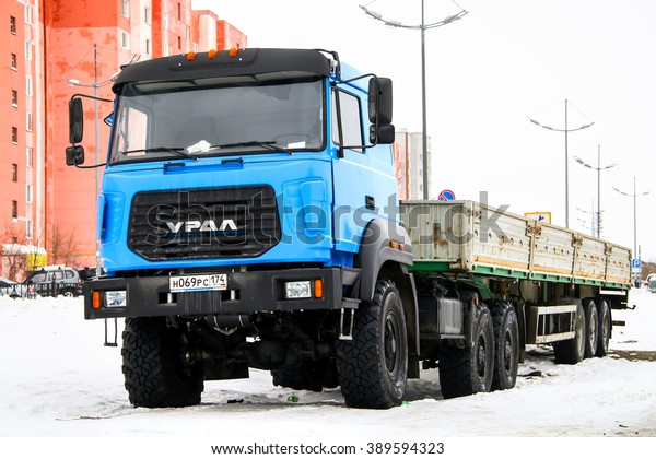 NOVYY URENGOY, RUSSIA -\
FEBRUARY 27, 2016: Off-road semi-trailer truck Ural 44202 in the\
city street.