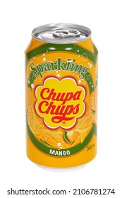 Novyy Urengoy, Russia - January 7, 2022: Aluminium Can Of The Sparkling Chupa-Chups Mango Drink Isolated Over White Background.