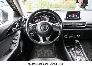 Novyy Urengoy, Russia - July 31, 2021: Interior If The Compact Hatchback Mazda 3.