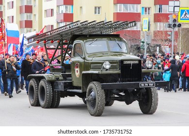 Novyy Urengoy, Russia - May 9, 2015: Model of the Soviet rocket launcher BM-13 Katyusha mounted on the truck chassis ZiL 157 stylized as Studebaker US6 at the annual Victory Day parade.