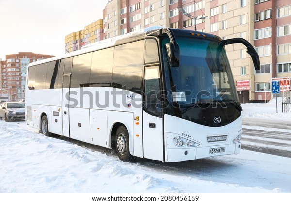 Novyy Urengoy, Russia
- November 7, 2018: White intercity coach bus KingLong XMQ6172C in
a city street.