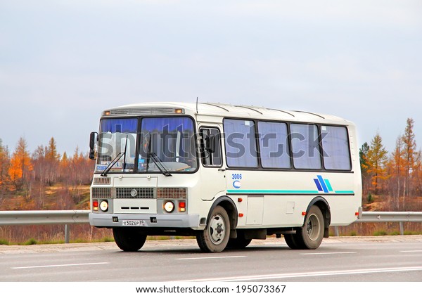 NOVYY URENGOY, RUSSIA - SEPTEMBER 22,
2012: White PAZ 3205 city bus at the city
street.