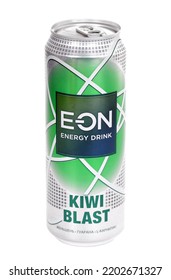 Novyy Urengoy, Russia - September 9, 2022: Aluminium Can Of The EON Kiwi Blast Energy Drink Isolated Over White Background.