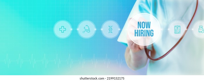 Now hiring. Doctor with stethoscope in focus. Icons and text on a digital interface. Medical technology - Powered by Shutterstock