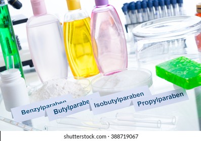 Noxious additives in cosmetics. Laboratory with chemical substances.