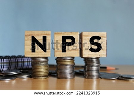 NPS or national pension scheme with wooden bids or blocks on Indian rupees notes.