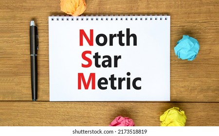 NSM North Star Metric Symbol. Concept Words NSM North Star Metric On White Note On A Beautiful Wooden Background. Metallic Pen. Business And NSM North Star Metric Concept. Copy Space.