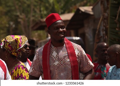 Nsukka, Enugu, Nigeria - 20 Feb. 2016: The arrival of the groom to the ancestral compound of the bride in his traditional attire. He is accompanied by his family members who form his entourage.