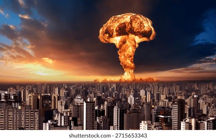 Nuclear bomb exploding on the edge of a large city at dawn. Composite Image.