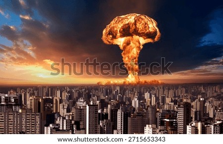 Nuclear bomb exploding on the edge of a large city at dawn. Composite Image.