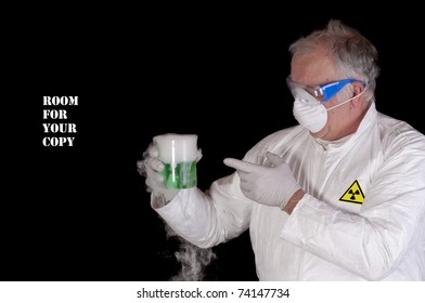 Nuclear Chemical Engineer, Or Biological Scientist Handling Hazardous Material Over Black With Room For Your Copy