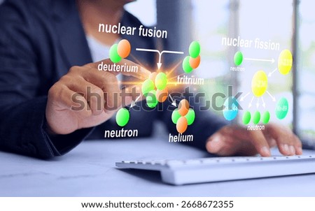 Nuclear energy concept with a man using reactions to produce electricity and obtained from nuclear fission and fusion reactions